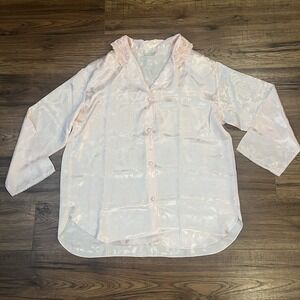 La Vie En Rose Satin Button Down Floral Pink Collared Shirt Lace‎ Coquette XL